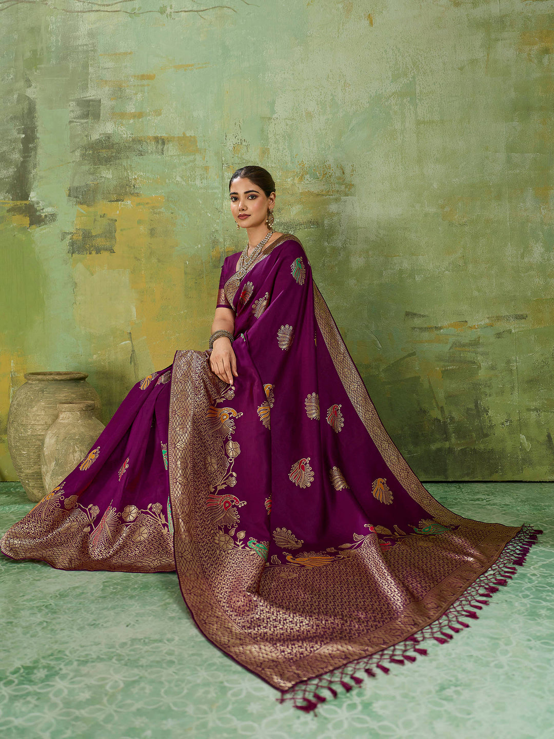 Wine Art Silk Woven Sarees