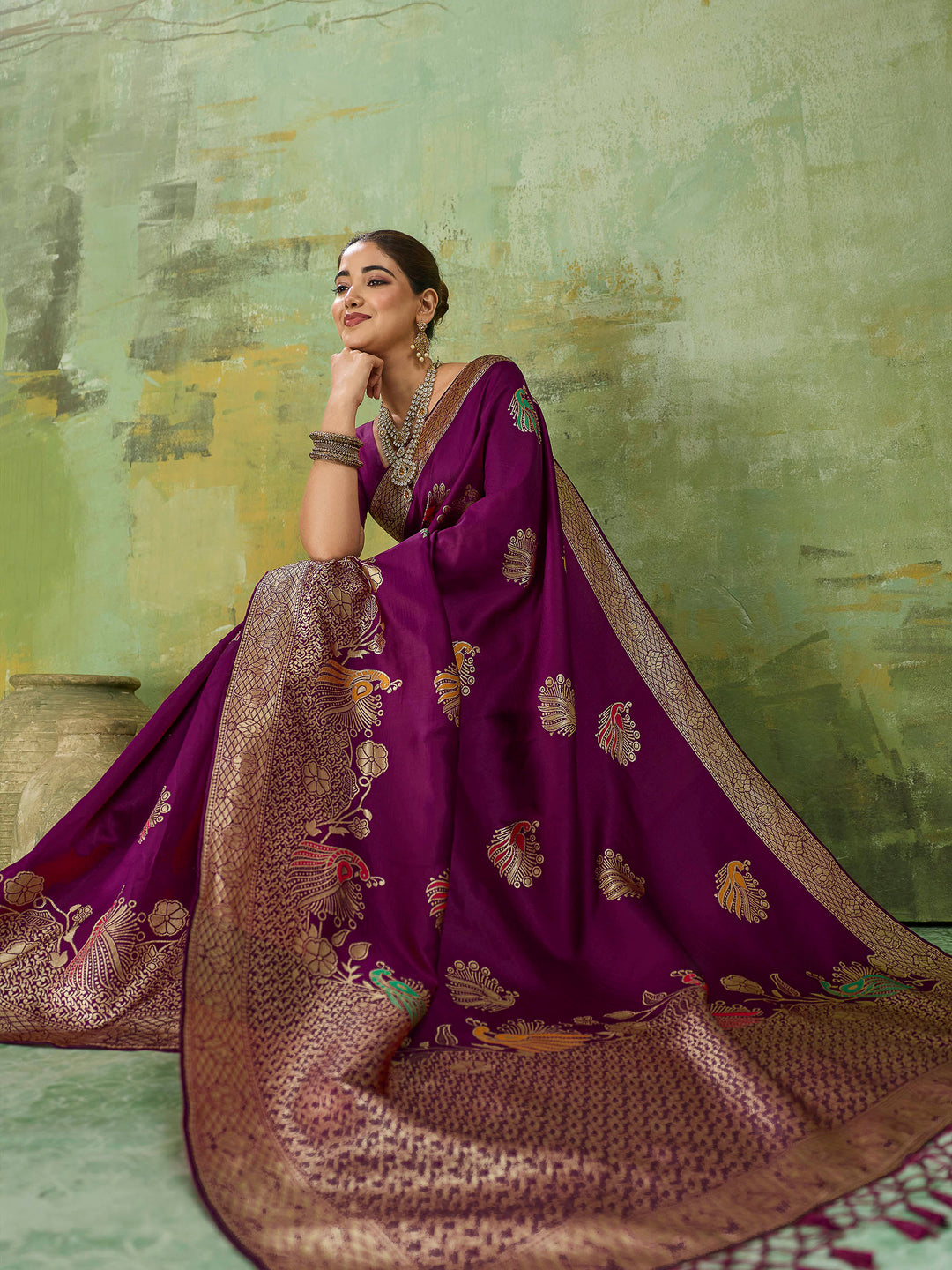 Wine Art Silk Woven Sarees