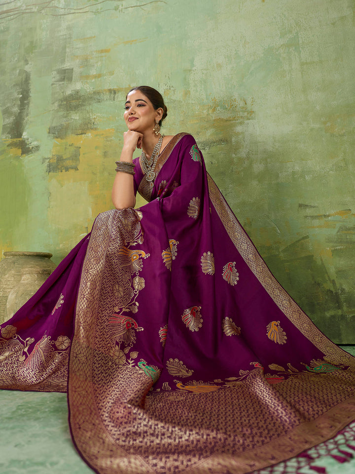 Wine Art Silk Woven Sarees