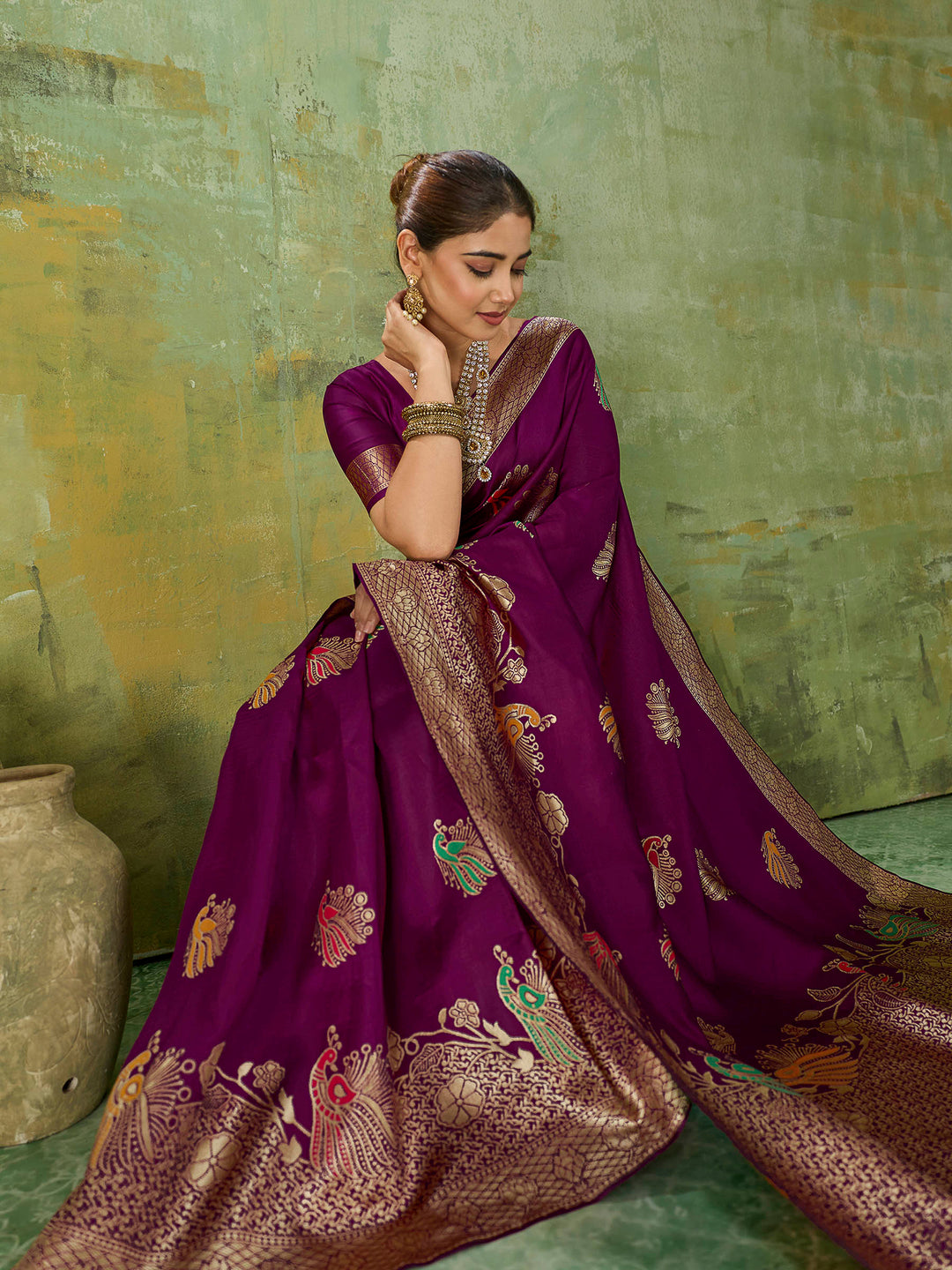 Wine Art Silk Woven Sarees