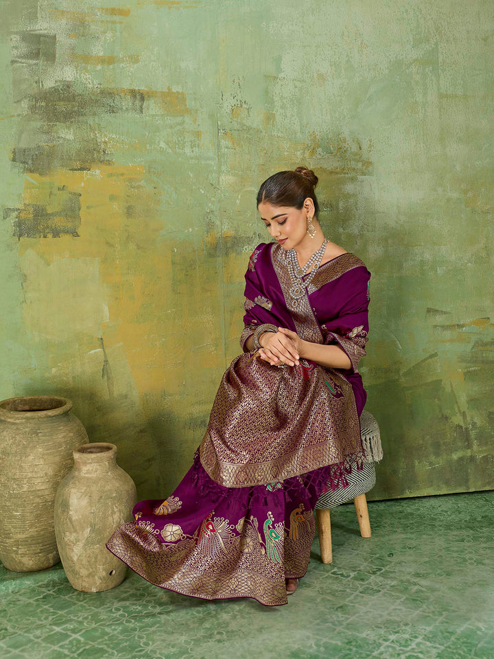 Wine Art Silk Woven Sarees