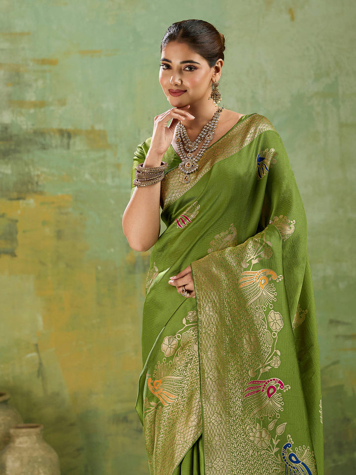 Mehndi Art Silk Woven Sarees