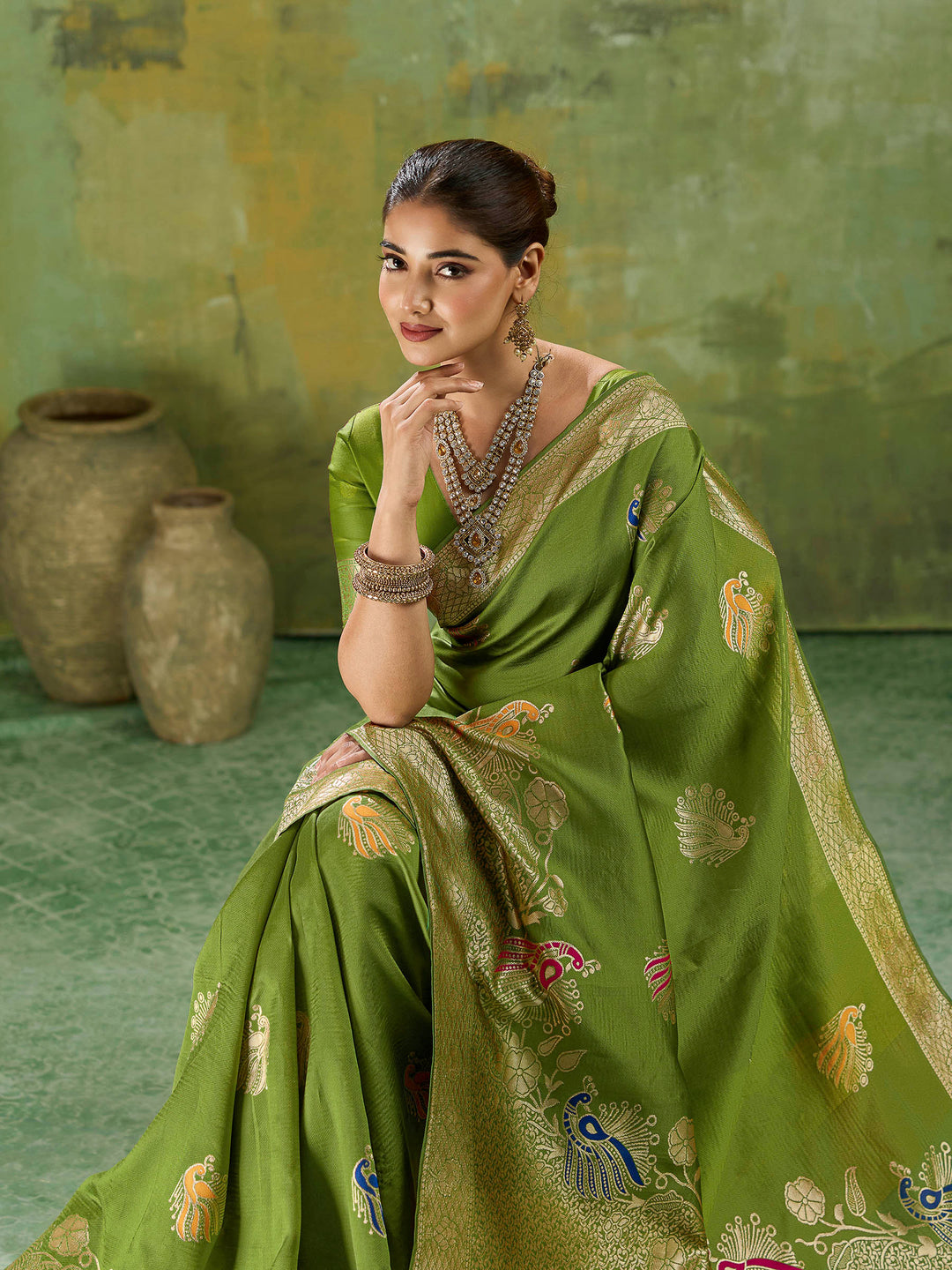 Mehndi Art Silk Woven Sarees