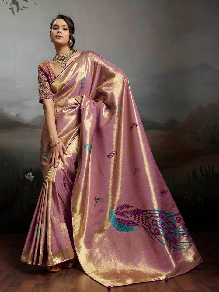Onion Pink Woven Design Banarasi Tissue Jacquard Saree