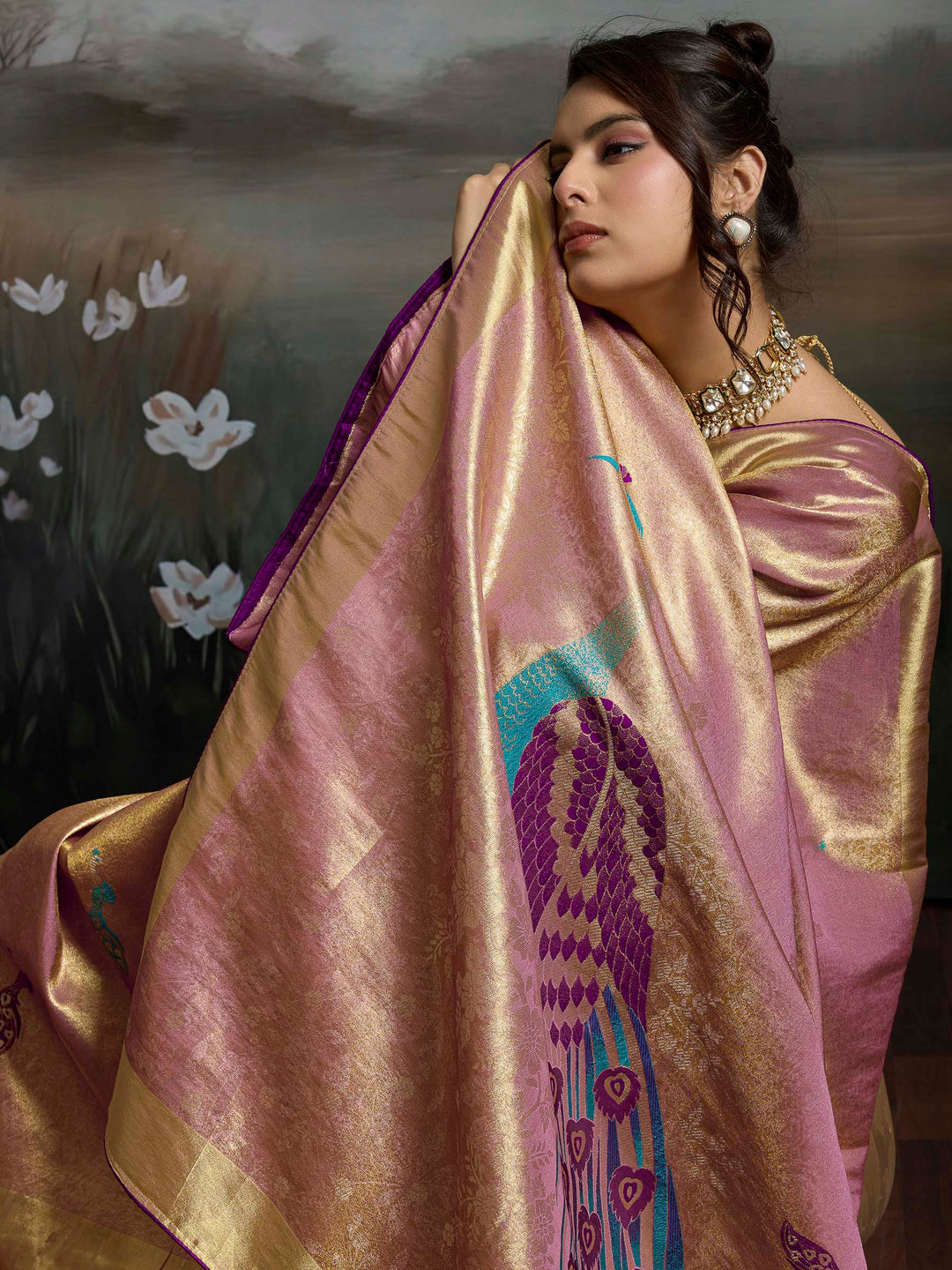Onion Pink Woven Design Banarasi Tissue Jacquard Saree