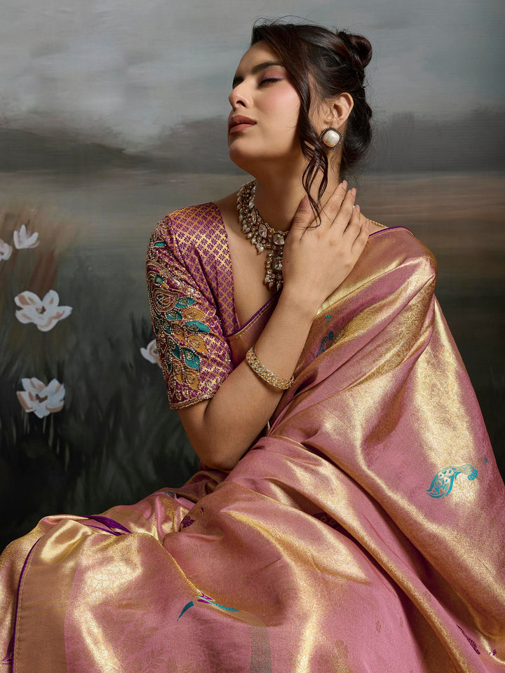 Onion Pink Woven Design Banarasi Tissue Jacquard Saree