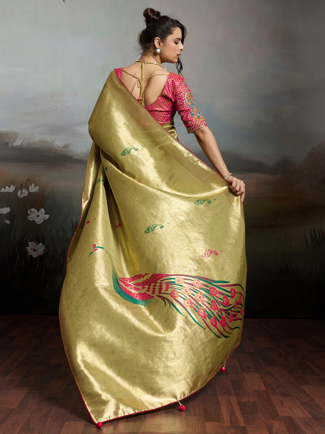 Mehndi Woven Design Banarasi Tissue Jacquard Saree