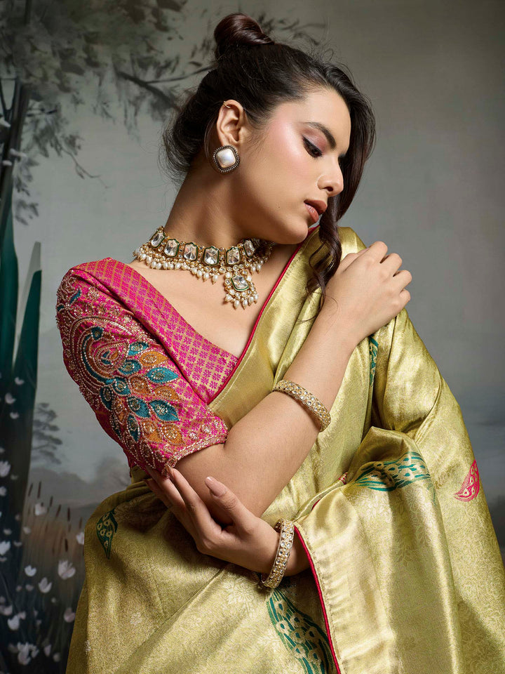 Mehndi Woven Design Banarasi Tissue Jacquard Saree