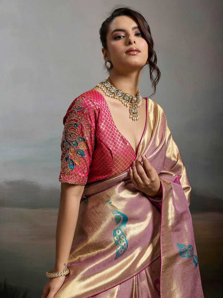 Lavender Woven Design Banarasi Tissue Jacquard Saree