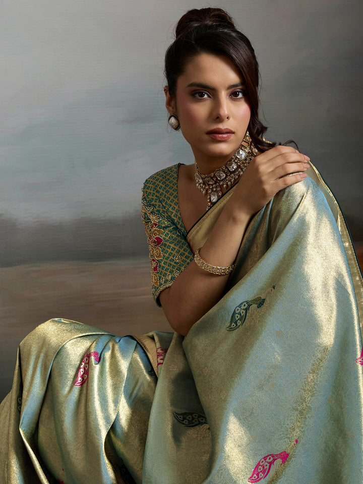Grey Blue Woven Design Banarasi Tissue Jacquard Saree