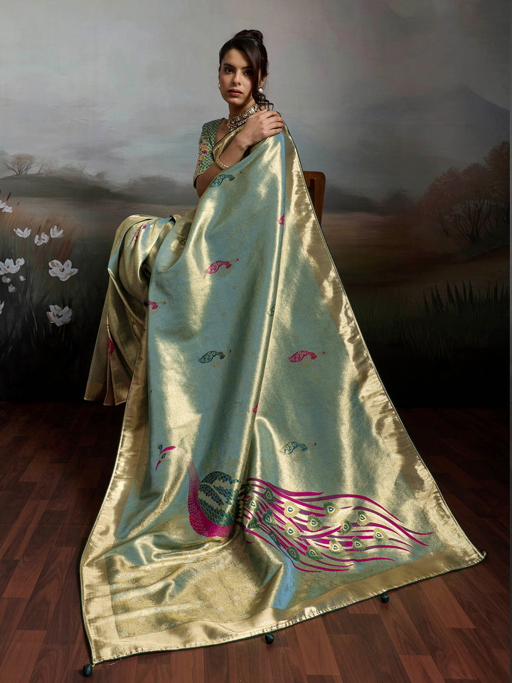 Grey Blue Woven Design Banarasi Tissue Jacquard Saree