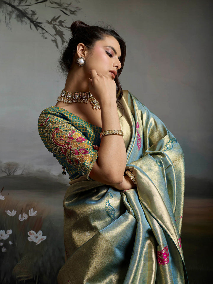 Grey Blue Woven Design Banarasi Tissue Jacquard Saree