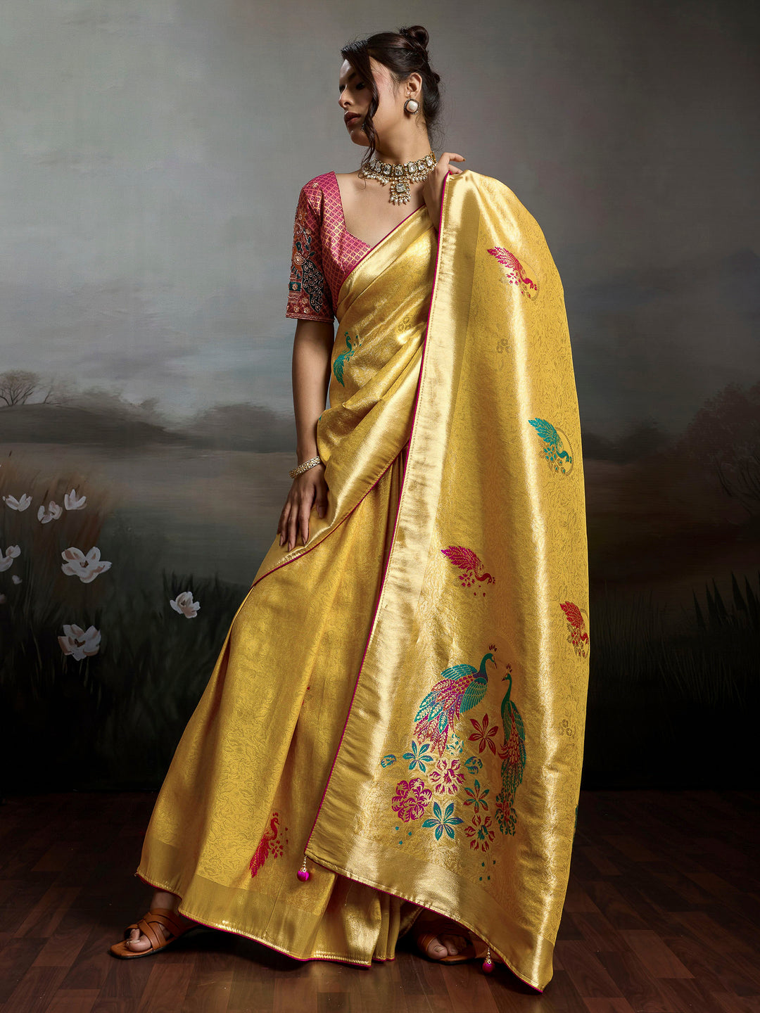 Mustard Woven Design Banarasi Tissue Jacquard Saree