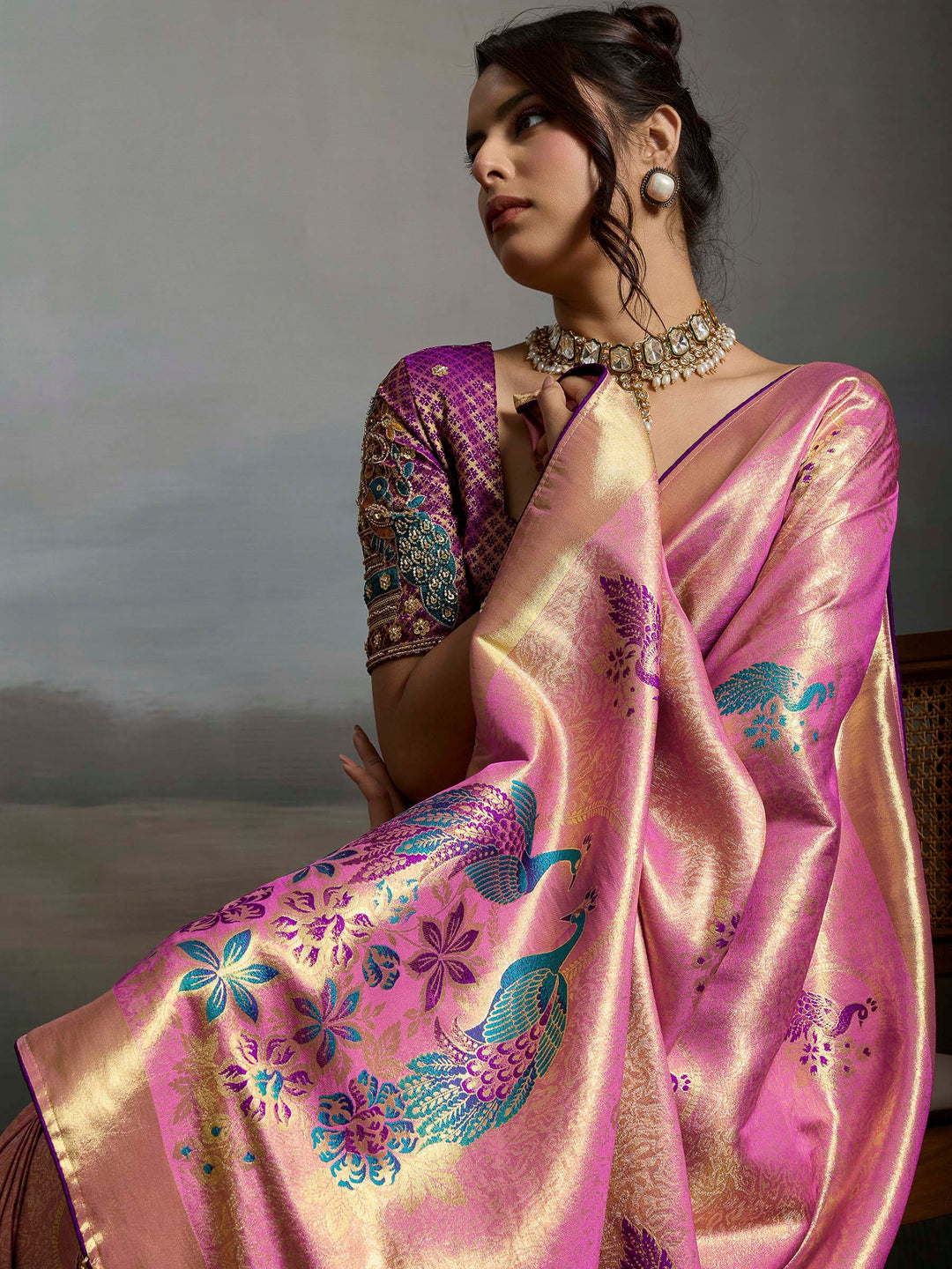 Pink Woven Design Banarasi Tissue Jacquard Saree
