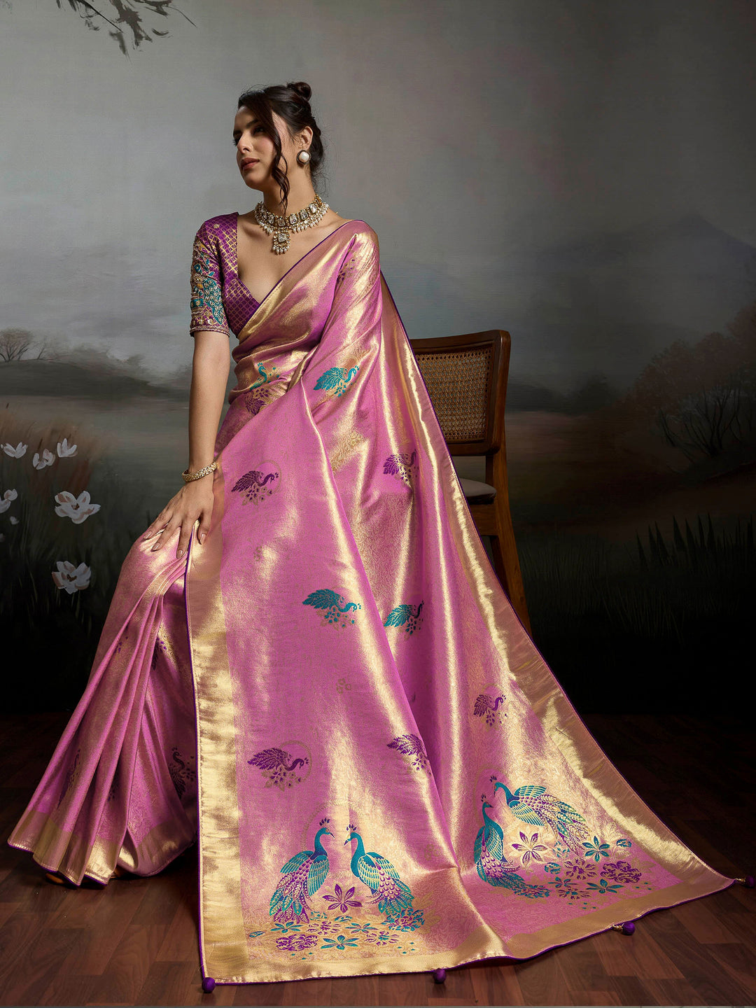 Pink Woven Design Banarasi Tissue Jacquard Saree