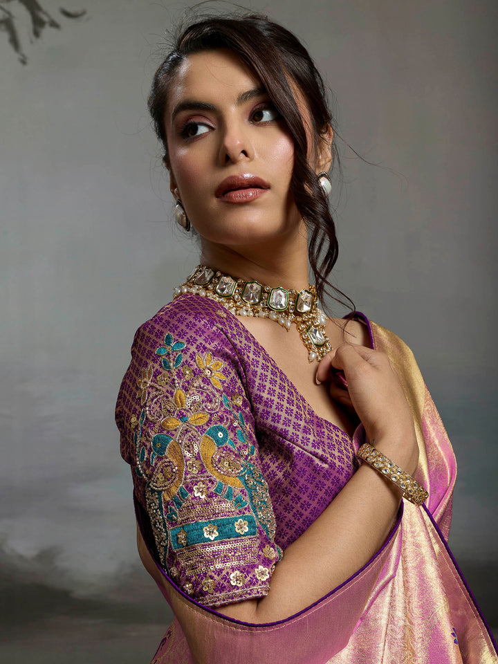 Pink Woven Design Banarasi Tissue Jacquard Saree
