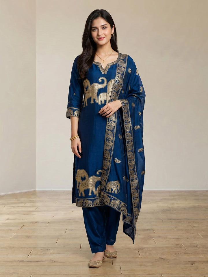 Blue Embroidered Cotton Blend Round Neck Suit Set