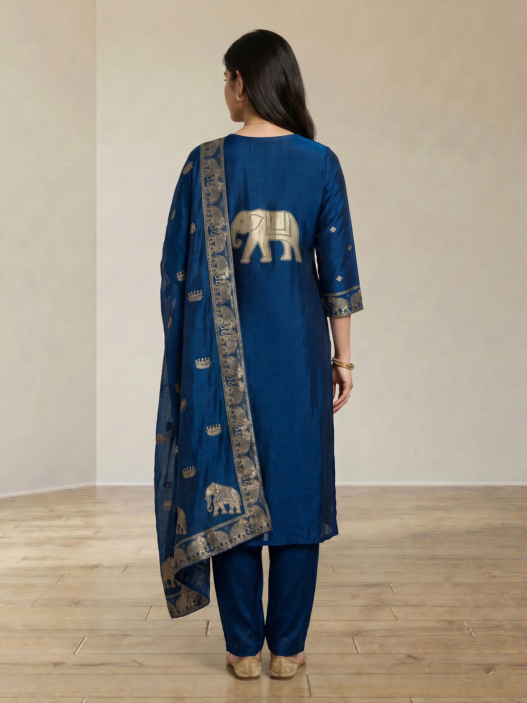 Blue Embroidered Cotton Blend Round Neck Suit Set