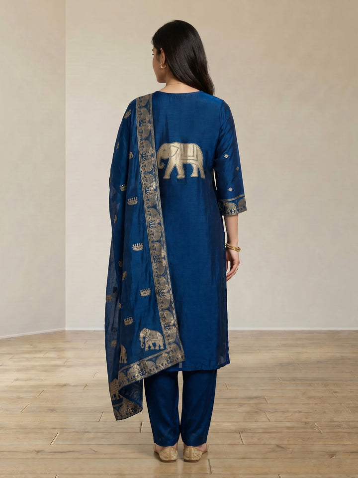 Blue Embroidered Cotton Blend Round Neck Suit Set