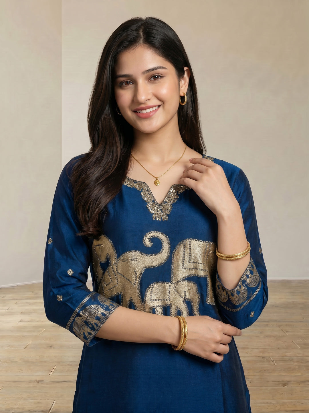 Blue Embroidered Cotton Blend Round Neck Suit Set