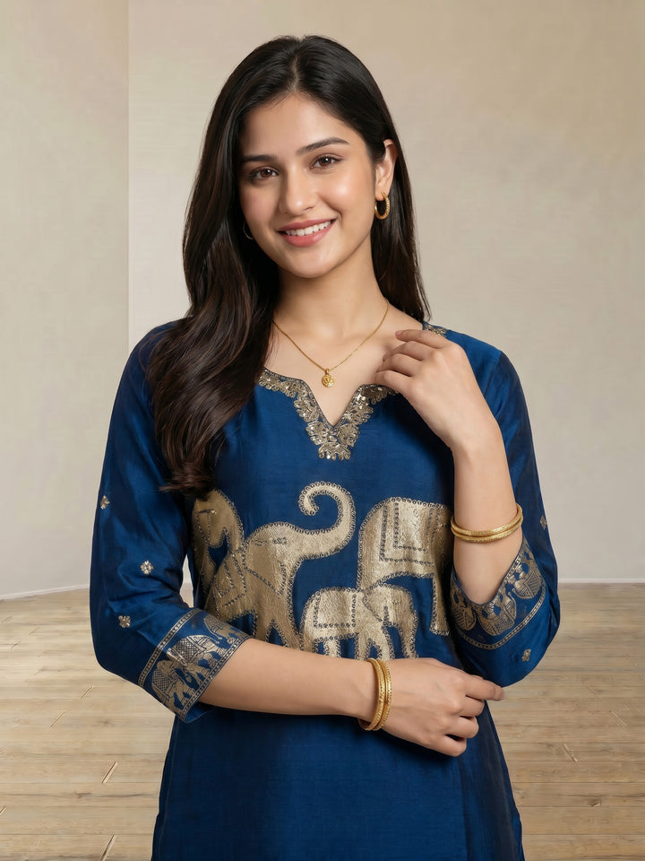 Blue Embroidered Cotton Blend Round Neck Suit Set