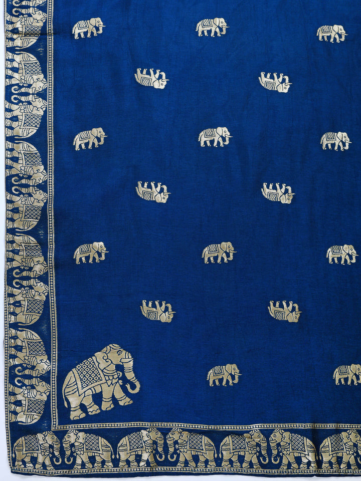 Blue Embroidered Cotton Blend Round Neck Suit Set