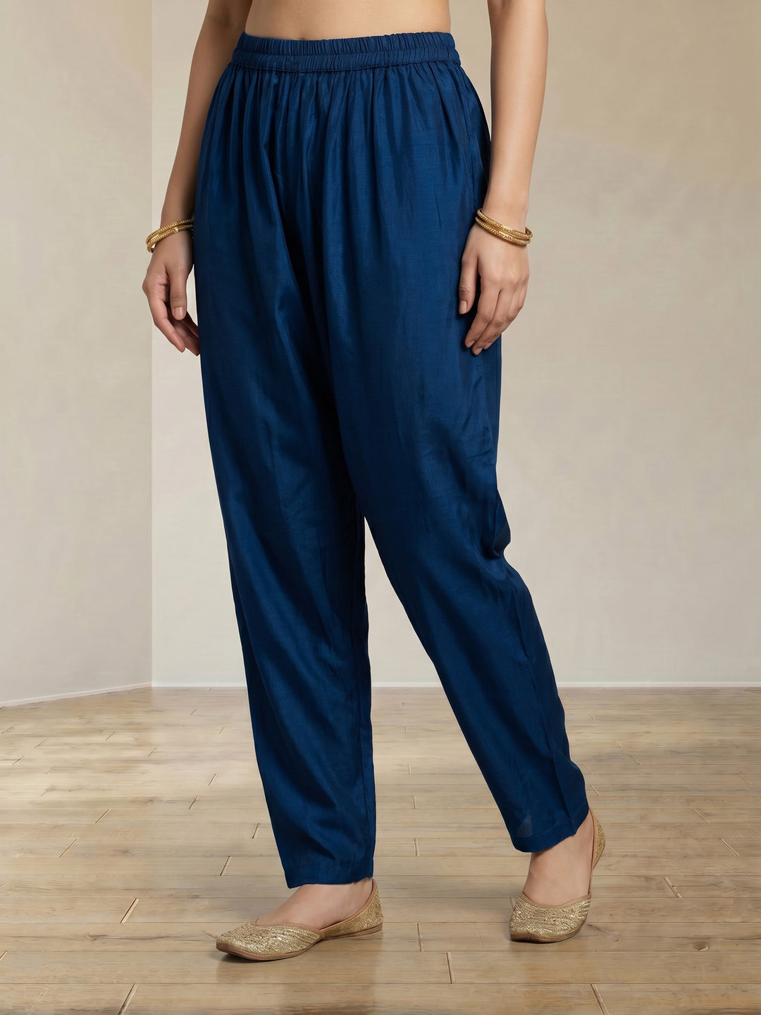 Blue Embroidered Cotton Blend Round Neck Suit Set