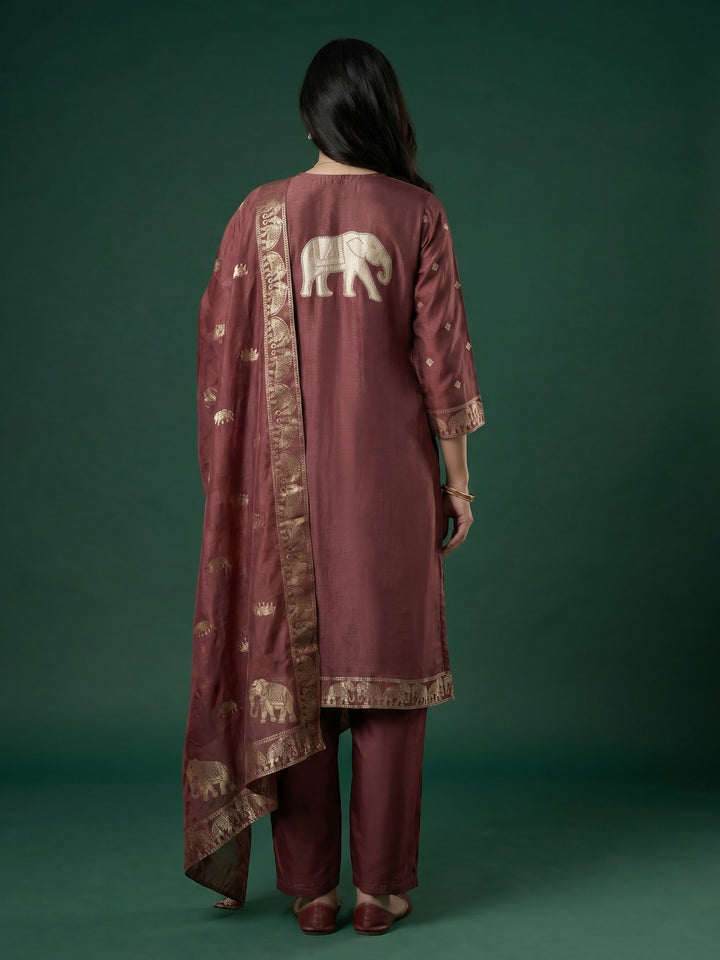 Lavender Embroidered Cotton Blend Round Neck Suit Set