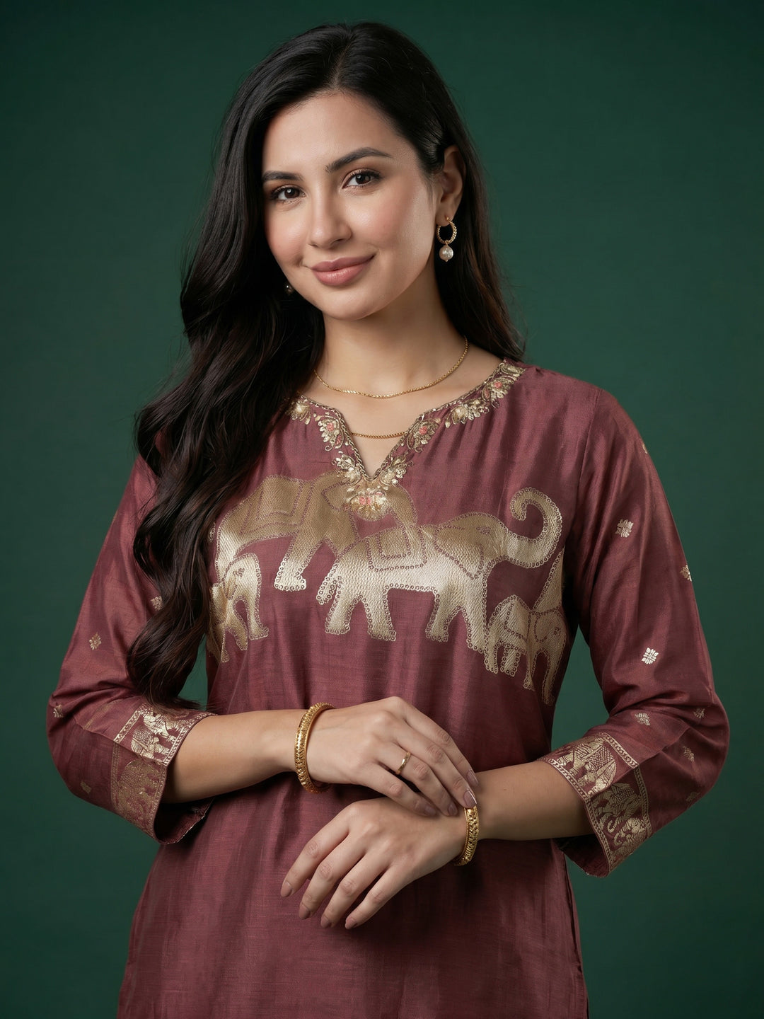 Lavender Embroidered Cotton Blend Round Neck Suit Set