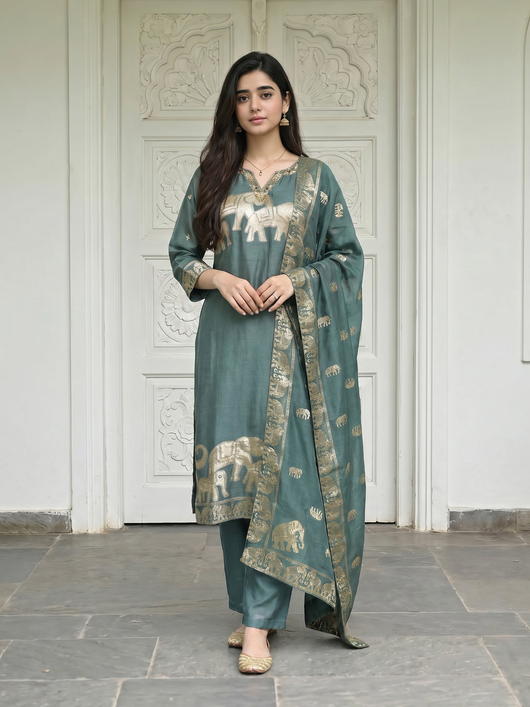 Grey Embroidered Cotton Blend Round Neck Suit Set