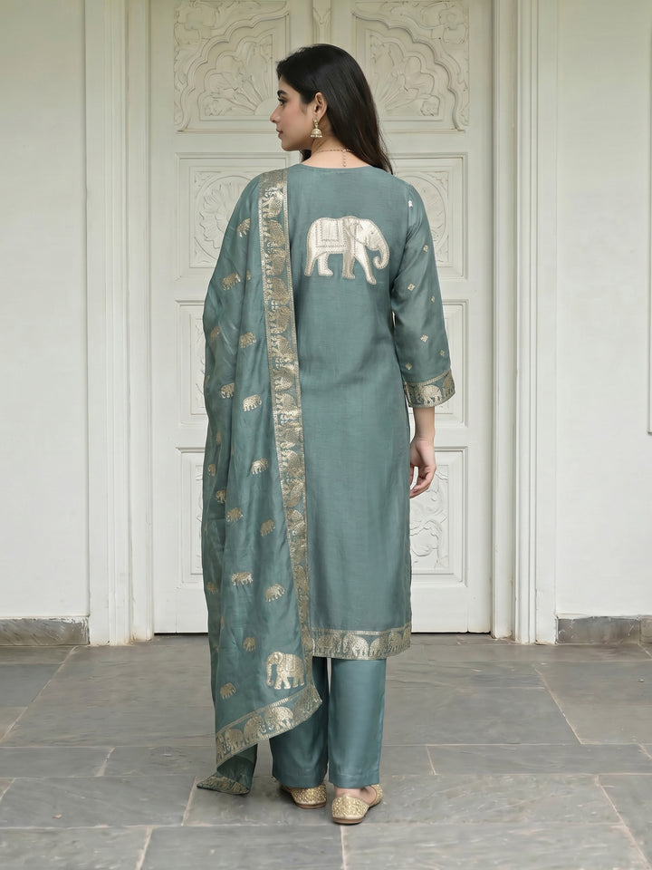 Grey Embroidered Cotton Blend Round Neck Suit Set