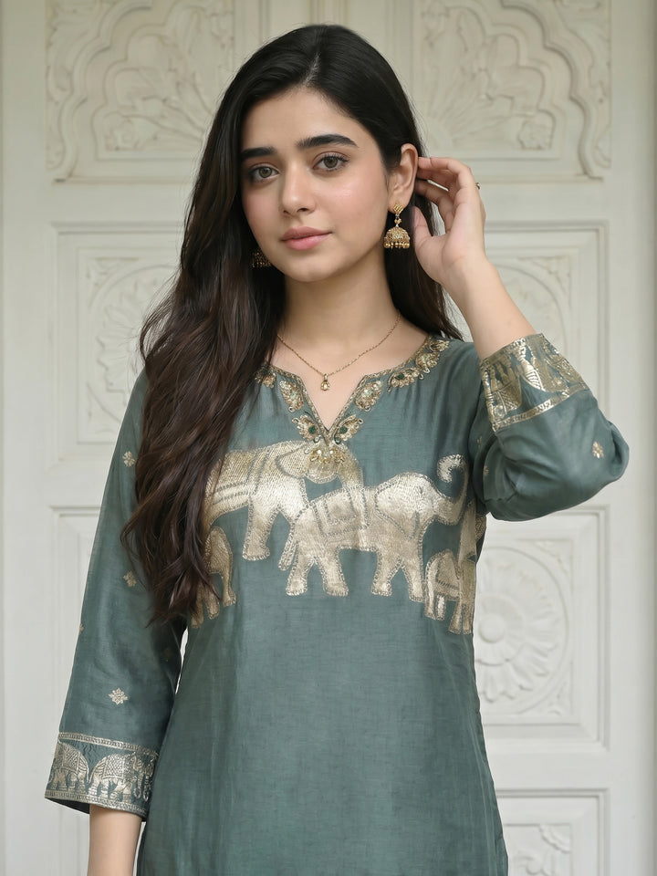 Grey Embroidered Cotton Blend Round Neck Suit Set
