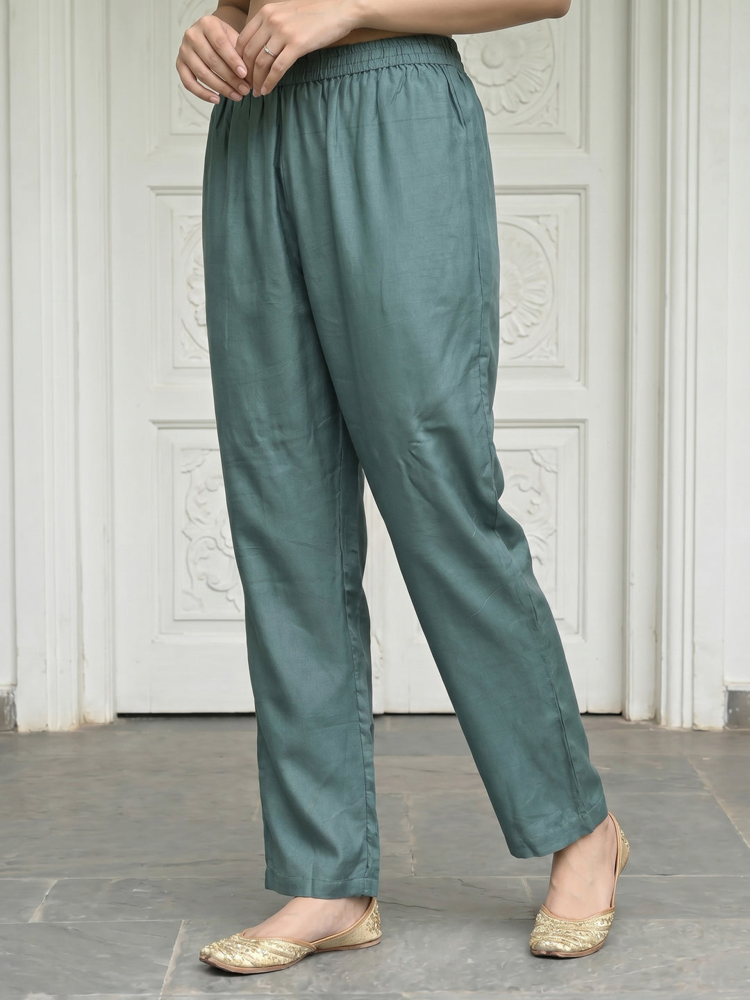 Grey Embroidered Cotton Blend Round Neck Suit Set