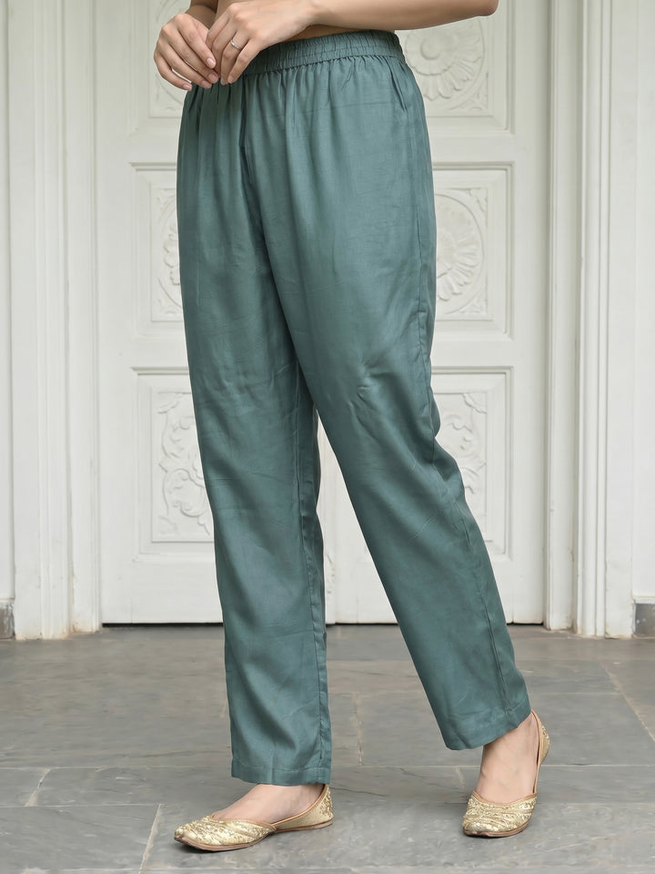 Grey Embroidered Cotton Blend Round Neck Suit Set