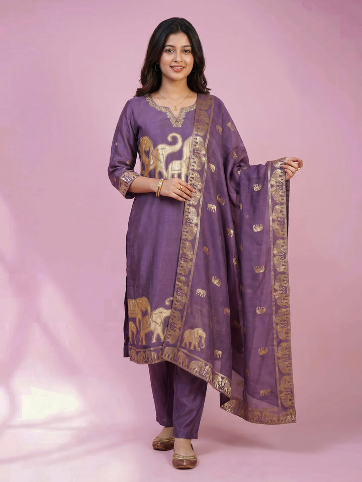 Purple Embroidered Cotton Blend Round Neck Suit Set