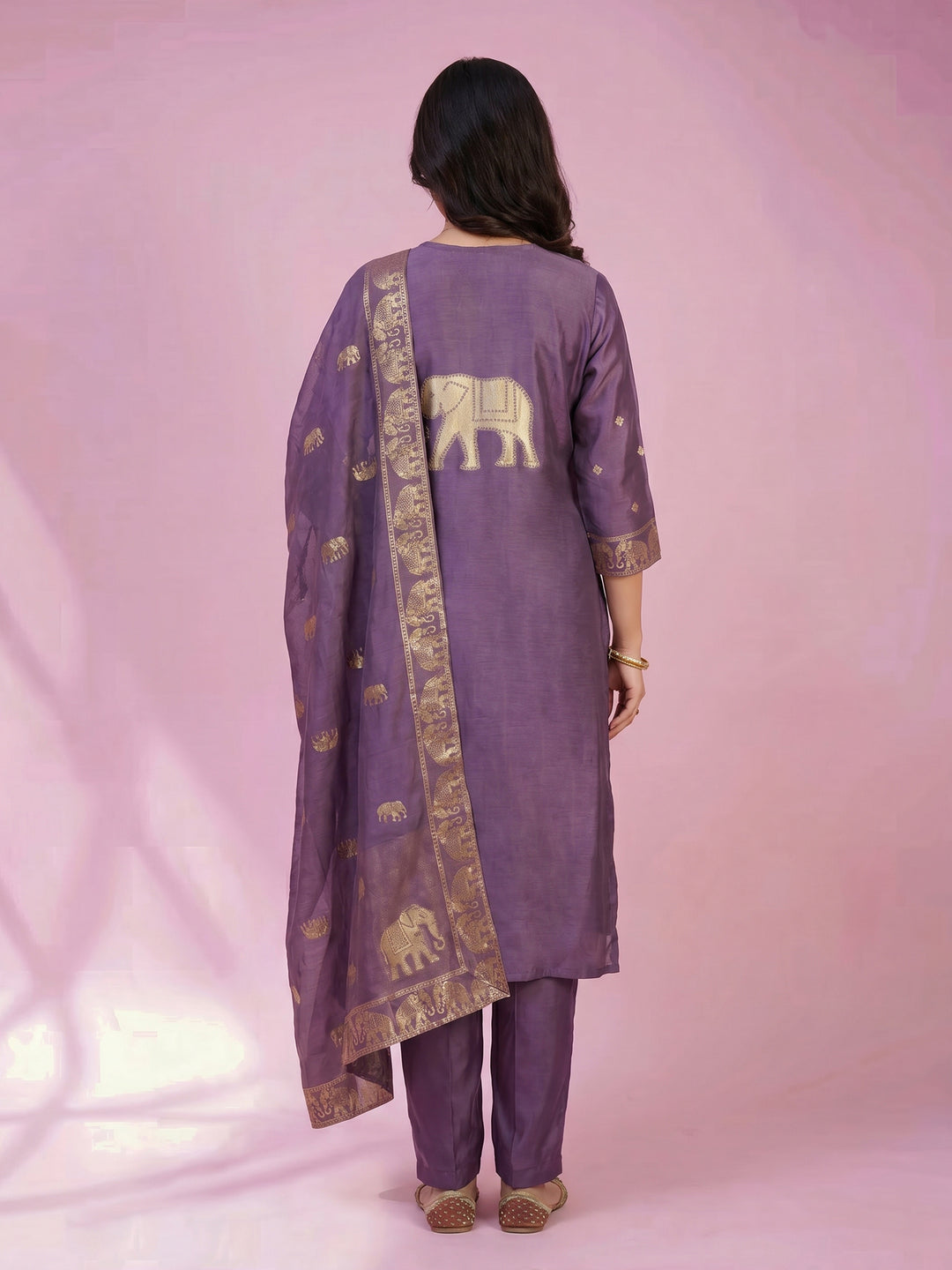 Purple Embroidered Cotton Blend Round Neck Suit Set