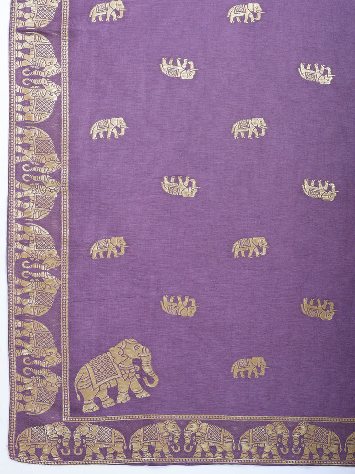 Purple Embroidered Cotton Blend Round Neck Suit Set