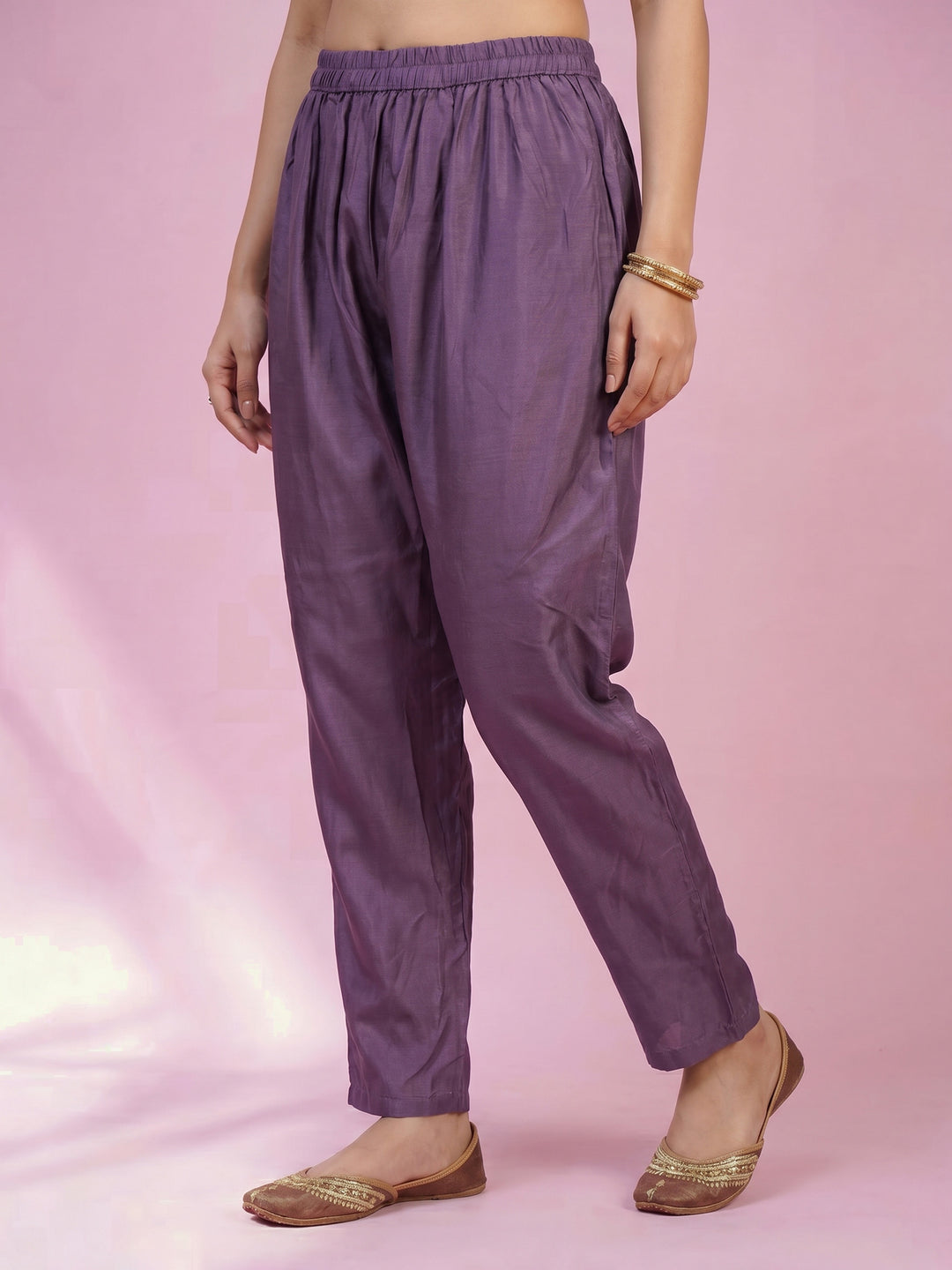 Purple Embroidered Cotton Blend Round Neck Suit Set