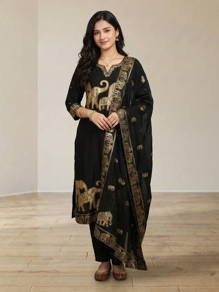 Black Embroidered Cotton Blend Round Neck Suit Set