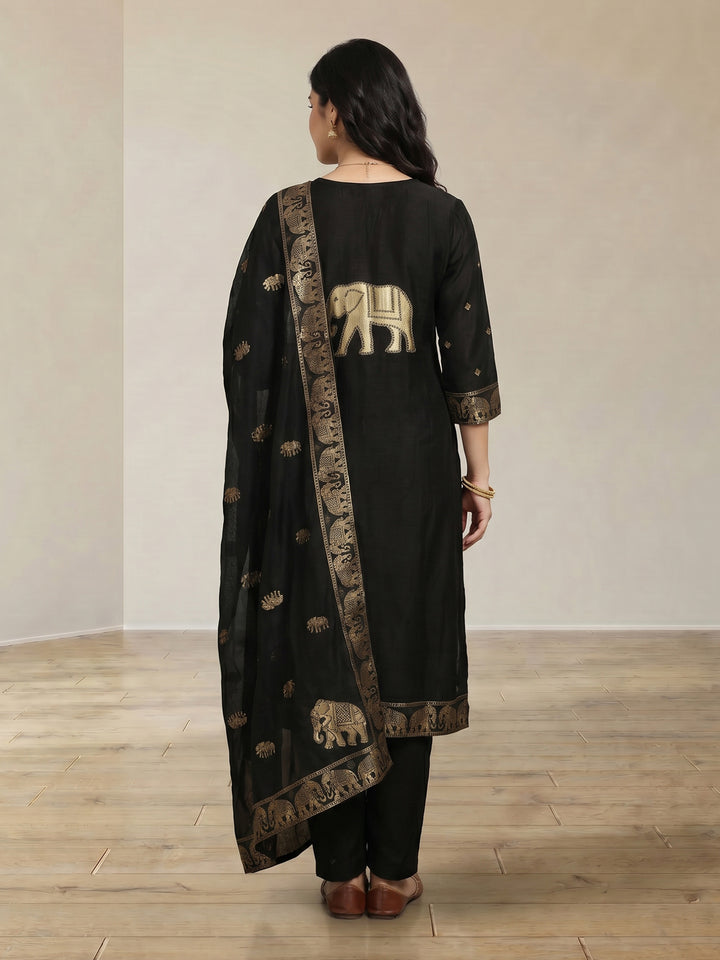 Black Embroidered Cotton Blend Round Neck Suit Set
