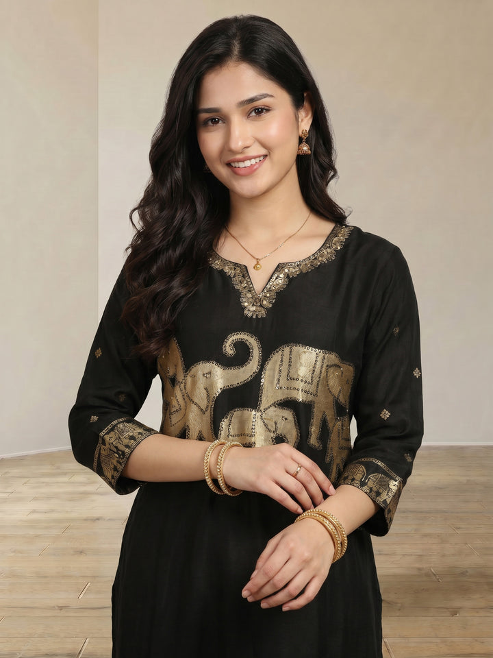 Black Embroidered Cotton Blend Round Neck Suit Set