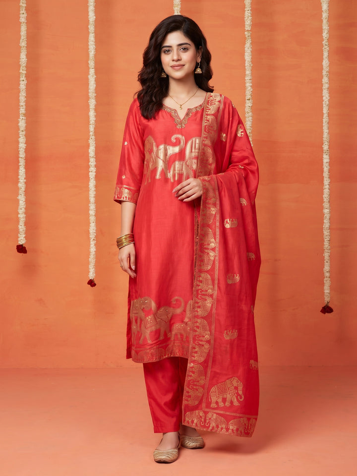 Pink Embroidered Cotton Blend Round Neck Suit Set