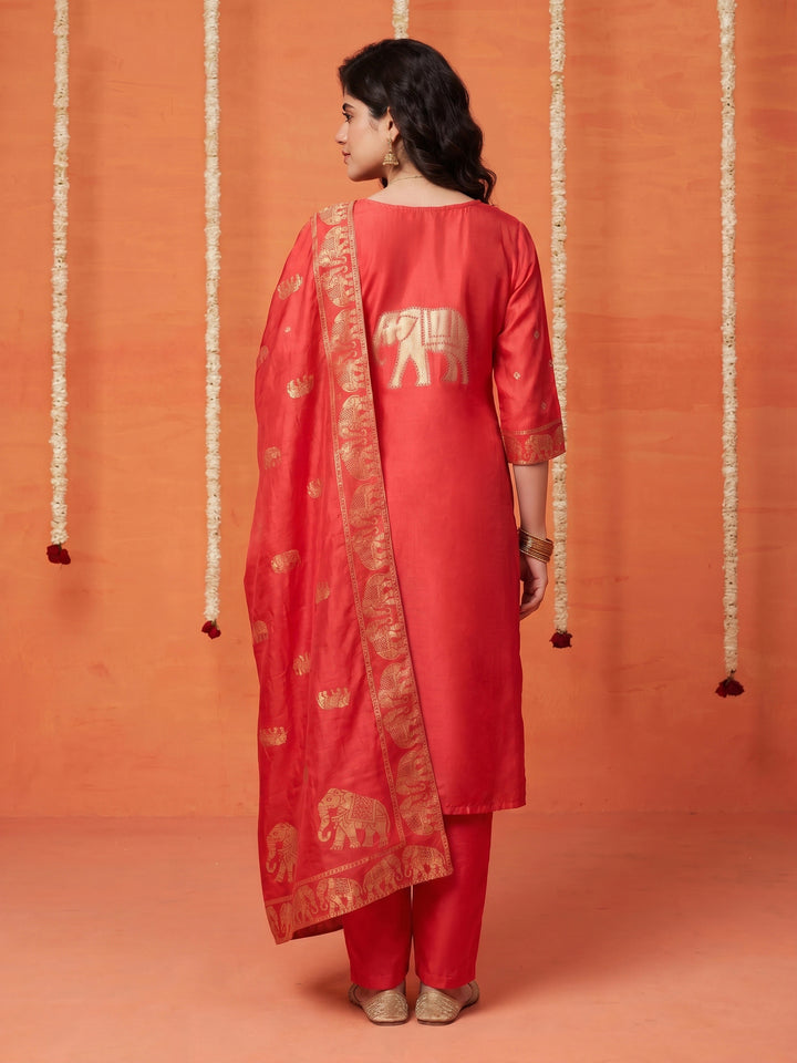 Pink Embroidered Cotton Blend Round Neck Suit Set