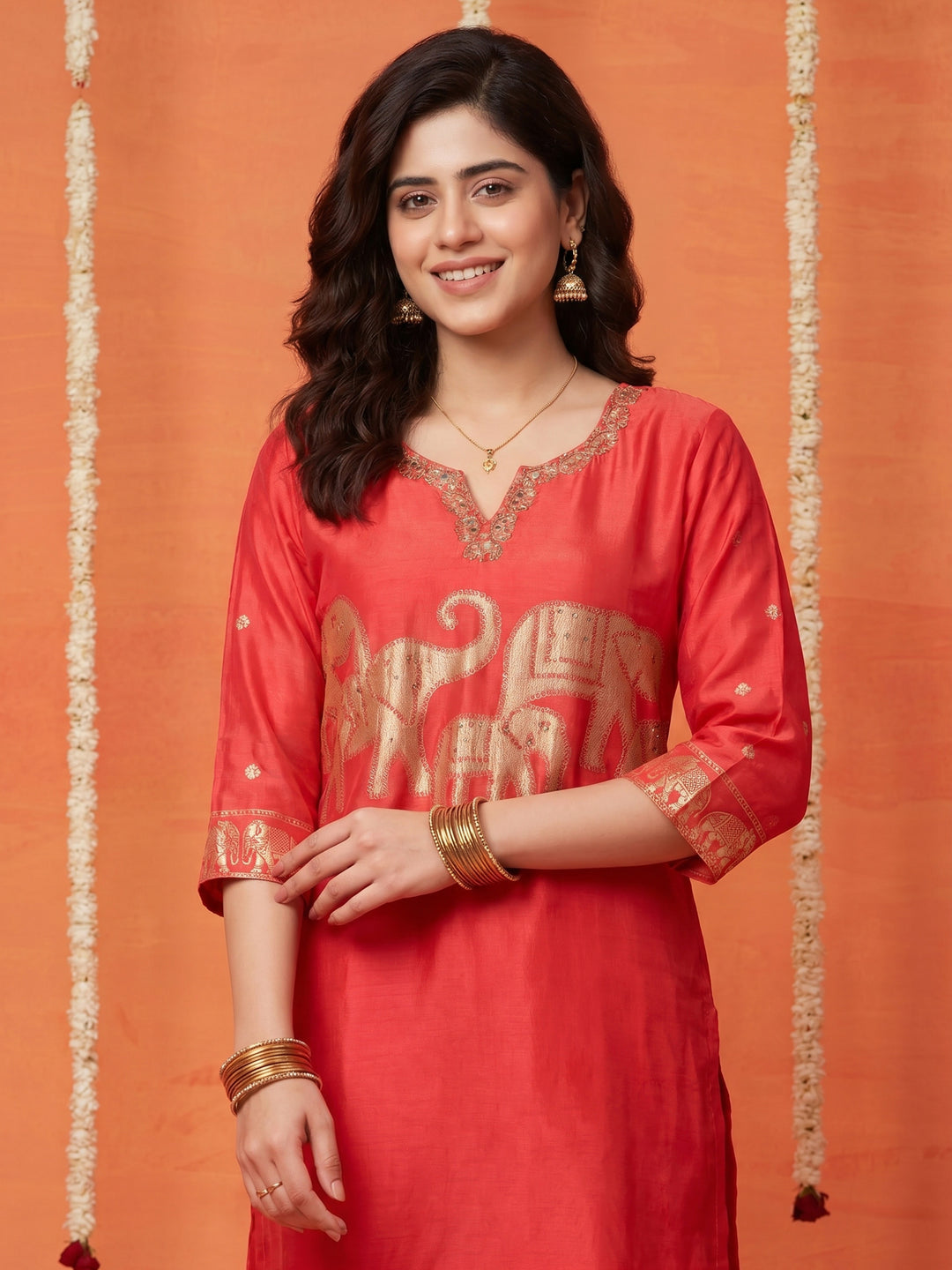 Pink Embroidered Cotton Blend Round Neck Suit Set