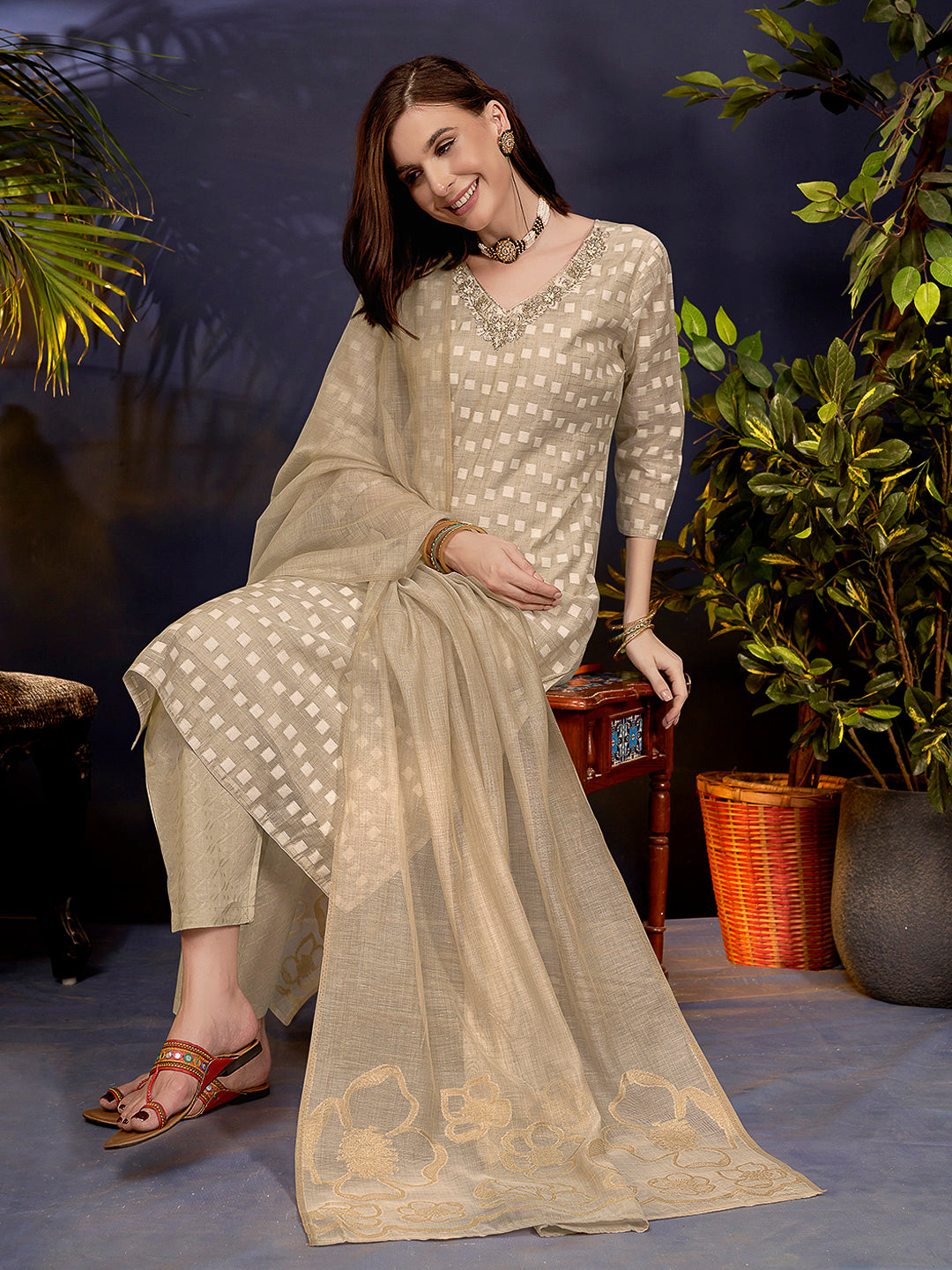 Beige Embroidered Linen Blend Kurta With Pant &amp; Dupatta