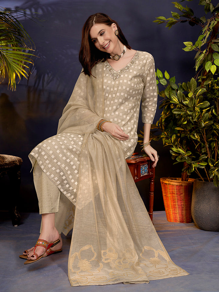 Beige Embroidered Linen Blend Kurta With Pant &amp; Dupatta