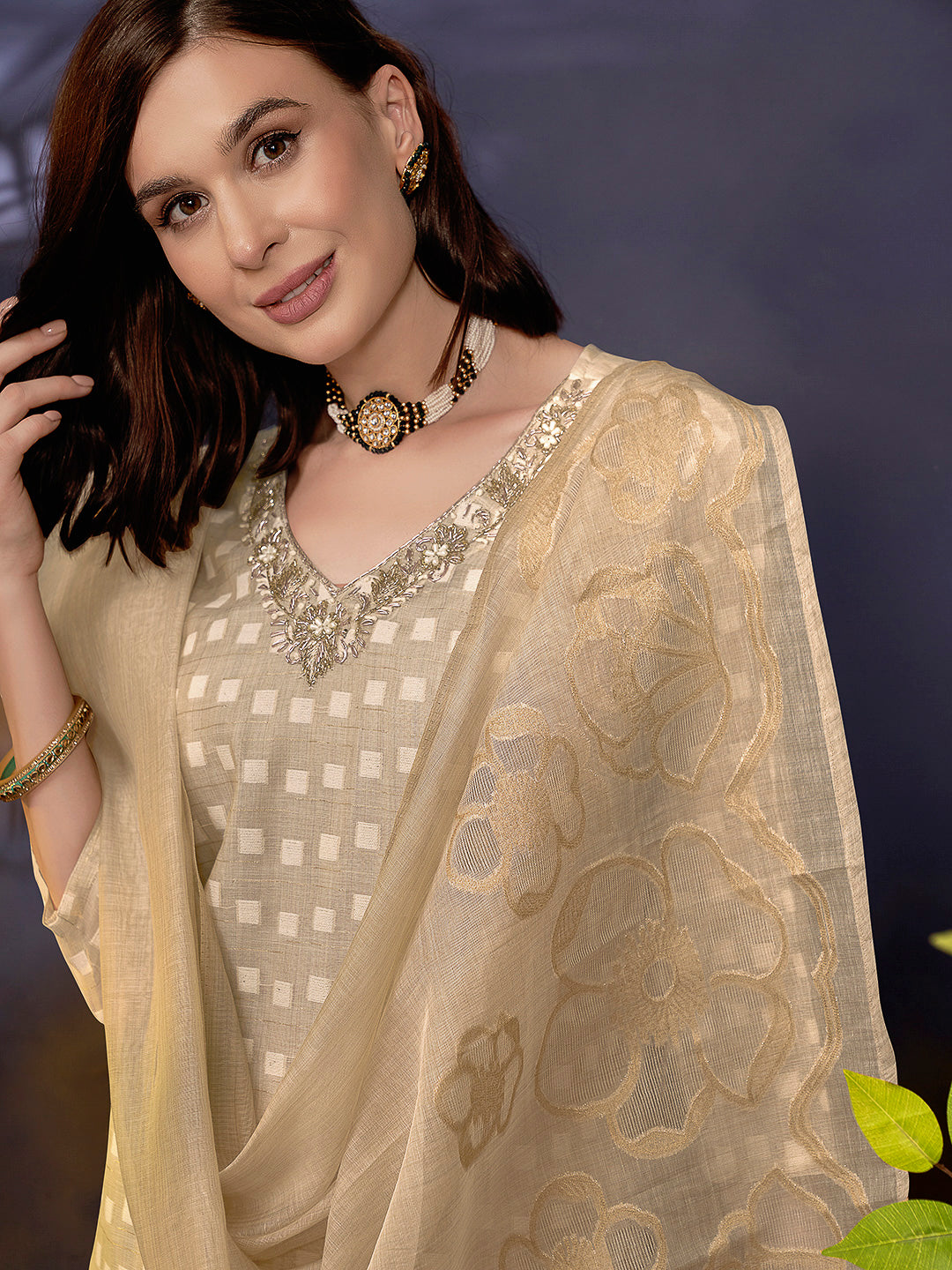 Beige Embroidered Linen Blend Kurta With Pant &amp; Dupatta