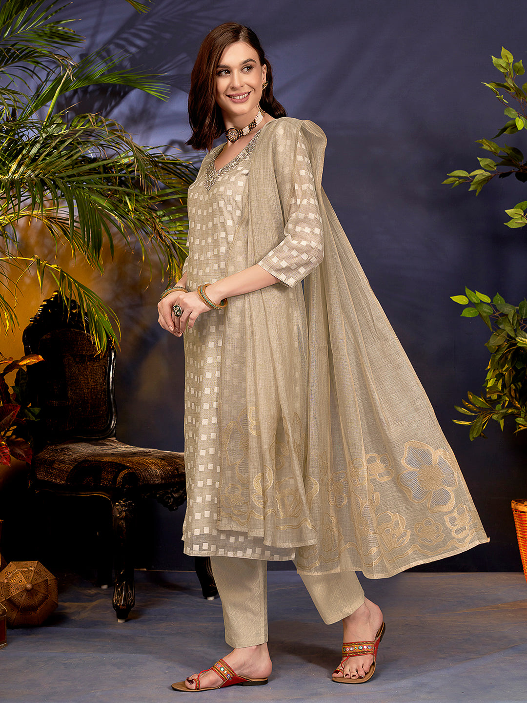 Beige Embroidered Linen Blend Kurta With Pant &amp; Dupatta