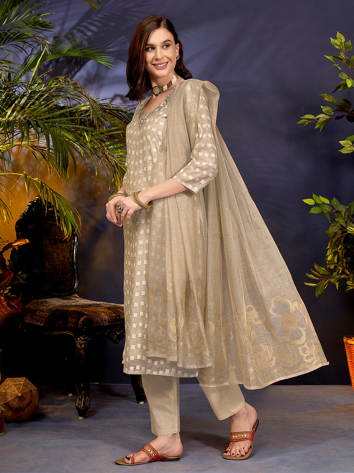 Beige Embroidered Linen Blend Kurta With Pant &amp; Dupatta