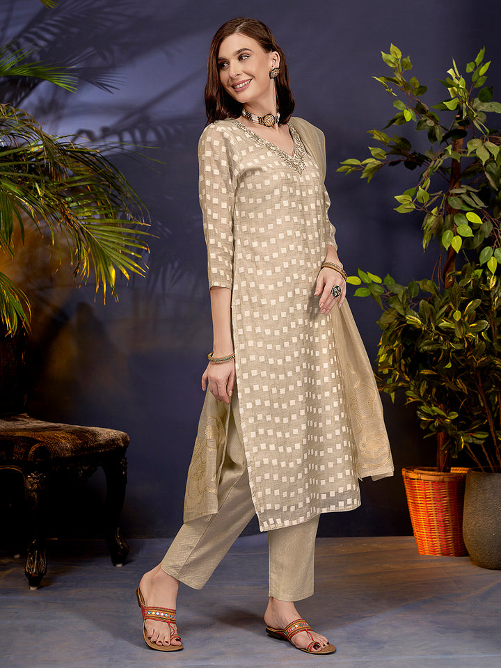 Beige Embroidered Linen Blend Kurta With Pant &amp; Dupatta